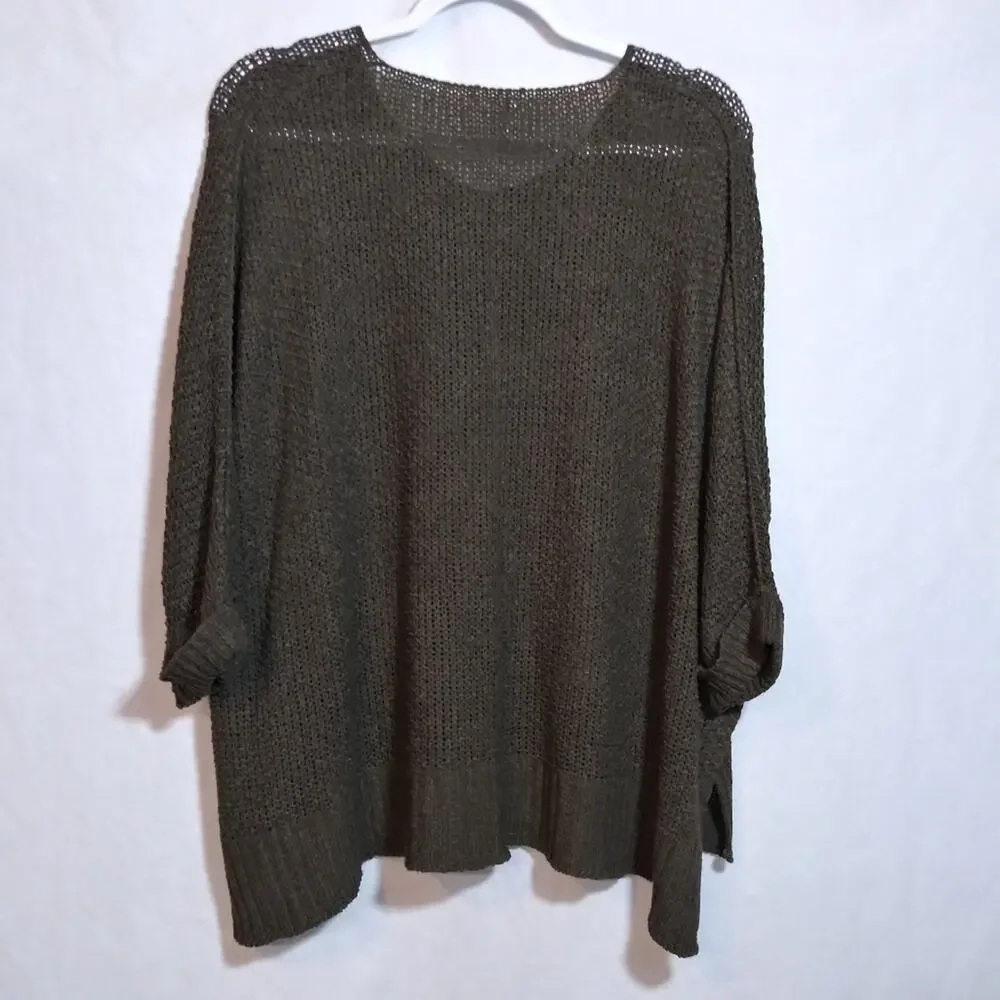 Wishlist Oversized Crochet Open Knit V-Neck Sweater in Olive Casual Relaxed S/M